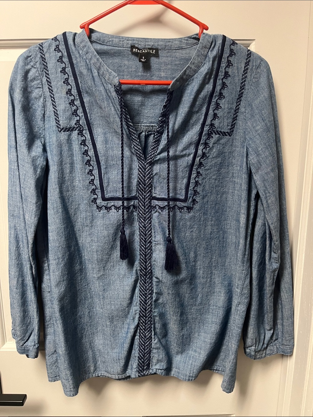 J. Crew Factory Light Blue Chambray Tunic with Navy Embroidery